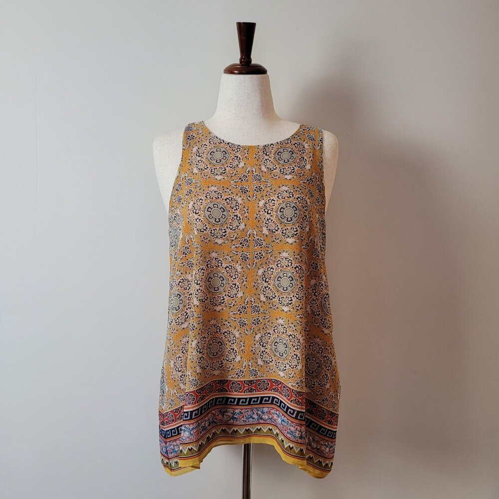 Max Studio Women's L tunic tank‎ mustard yellow blue floral boho layered sheer M